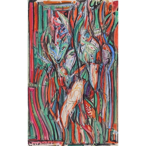 1297 - Diran Garabedian (1882 - 1963), gouache, abstracted figures, signed, 8.5