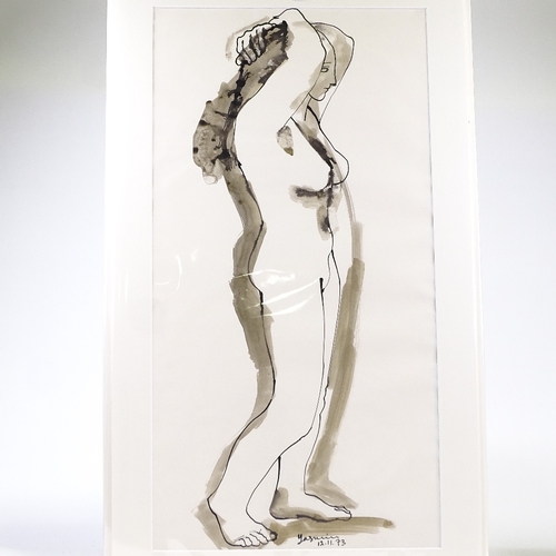 1303 - Yasmin Brandolini D'Adda (1929 - 2012), ink and wash, standing nude, signed and dated '73, 28