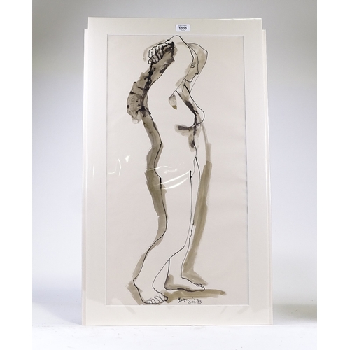 1303 - Yasmin Brandolini D'Adda (1929 - 2012), ink and wash, standing nude, signed and dated '73, 28