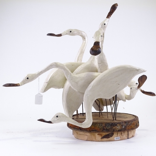 1308 - Clive Fredriksson, painted wood sculpture, group of spoonbill waders on metal-bound barrel type stan... 