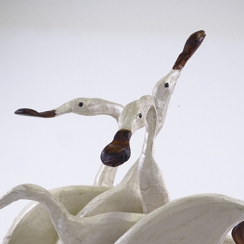 1308 - Clive Fredriksson, painted wood sculpture, group of spoonbill waders on metal-bound barrel type stan... 