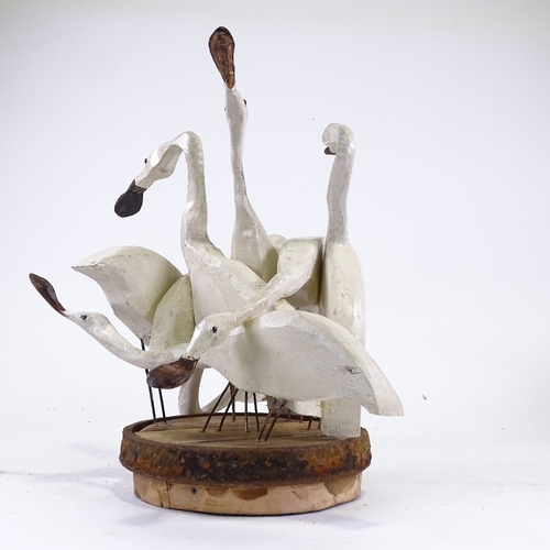 1308 - Clive Fredriksson, painted wood sculpture, group of spoonbill waders on metal-bound barrel type stan... 