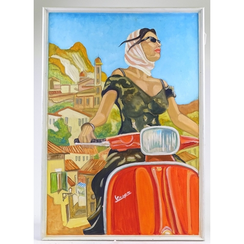 1312 - Clive Fredriksson, oil on board, girl on a Vespa, 32