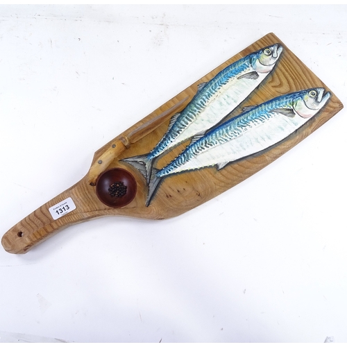 1313 - Clive Fredriksson, wood/paint sculpture, salmon on a board, length 24