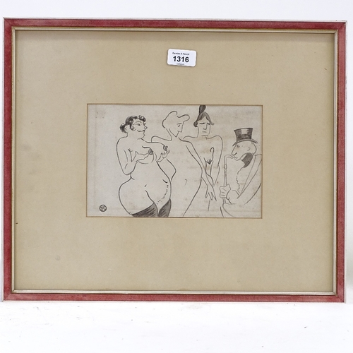 1316 - After Toulouse Lautrec, pen and ink sketch, erotic study, signed with monogram, 6