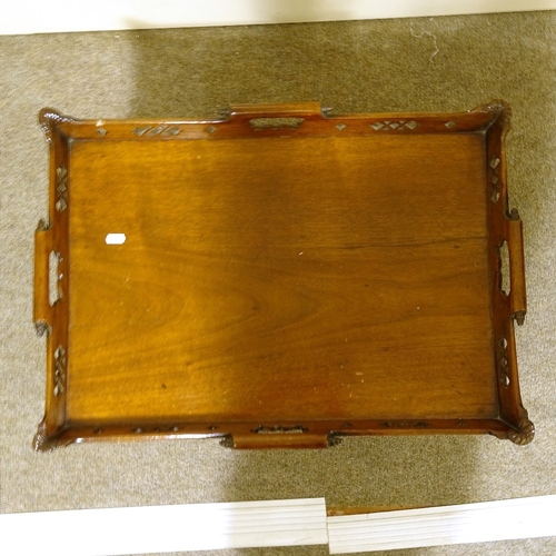 128 - A Victorian mahogany tray-top occasional table, with carved and pierced gallery, and pierced stretch... 