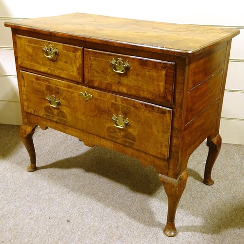 159 - An 18th century walnut chest on stand, quarter veneered top on cabriole legs, width 102cm, height 87... 