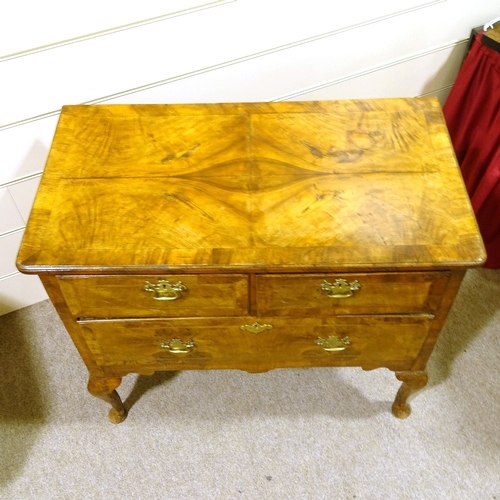 159 - An 18th century walnut chest on stand, quarter veneered top on cabriole legs, width 102cm, height 87... 