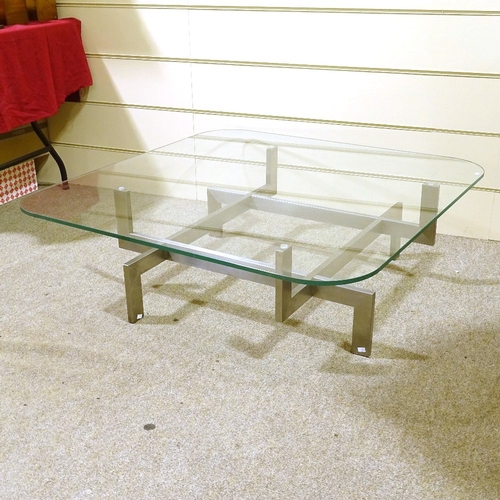 206 - Paul Legeard, 1970s French brushed-steel framed glass-topped coffee table