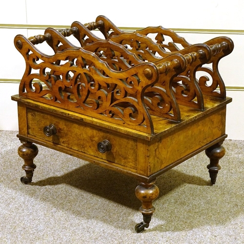 207 - A Victorian figured walnut Canterbury, with pierced shaped divisions and drawer below, 51cm x 40cm