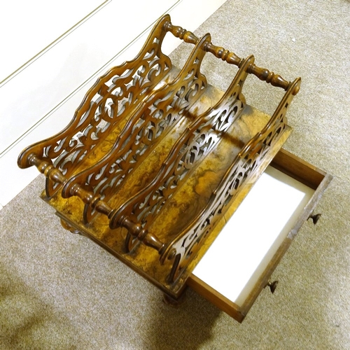 207 - A Victorian figured walnut Canterbury, with pierced shaped divisions and drawer below, 51cm x 40cm