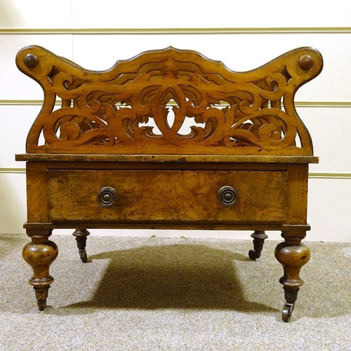 207 - A Victorian figured walnut Canterbury, with pierced shaped divisions and drawer below, 51cm x 40cm