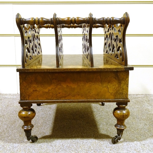 207 - A Victorian figured walnut Canterbury, with pierced shaped divisions and drawer below, 51cm x 40cm