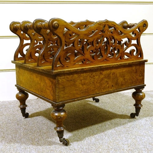 207 - A Victorian figured walnut Canterbury, with pierced shaped divisions and drawer below, 51cm x 40cm