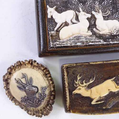 153 - A 19th century carved stag horn snuff box, a treen box circa 1806 with carved stag horn panel and a ... 