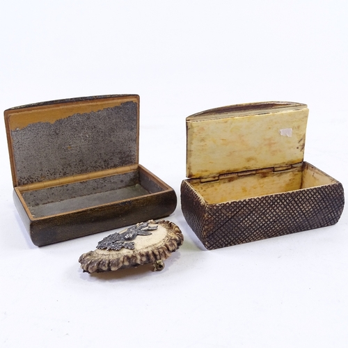 153 - A 19th century carved stag horn snuff box, a treen box circa 1806 with carved stag horn panel and a ... 