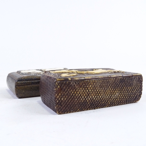 153 - A 19th century carved stag horn snuff box, a treen box circa 1806 with carved stag horn panel and a ... 