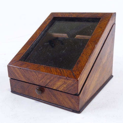 154 - A glass fronted kingwood watch case, with drawer and blue velvet interior