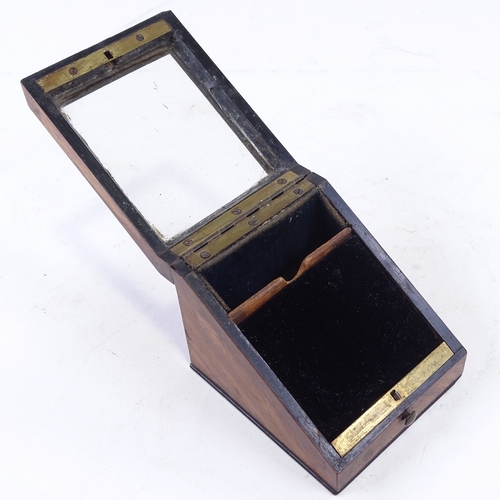 154 - A glass fronted kingwood watch case, with drawer and blue velvet interior