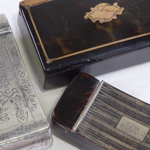 215 - 3 19th century snuff boxes, white metal with masonic motifs, and two tortoishell boxes.