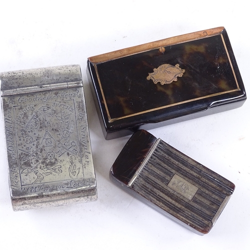 215 - 3 19th century snuff boxes, white metal with masonic motifs, and two tortoishell boxes.