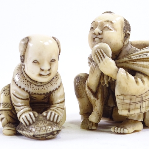 216 - 2 signed ivory carved figures, crouching man netsuke, and boy with tortoise, largest 4cm high.