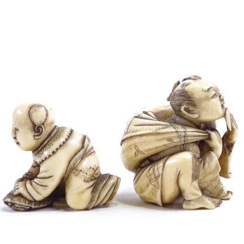 216 - 2 signed ivory carved figures, crouching man netsuke, and boy with tortoise, largest 4cm high.