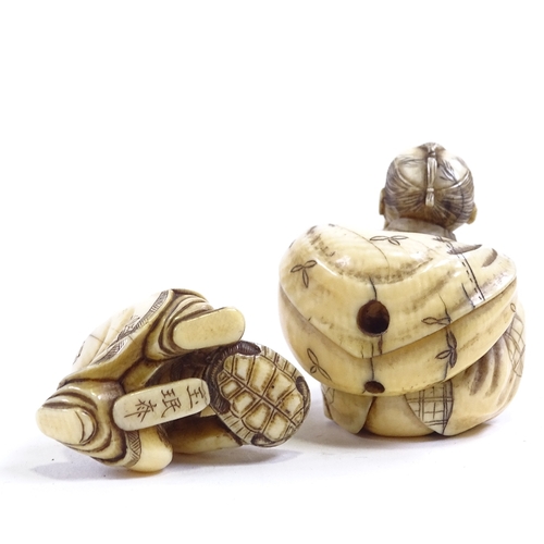 216 - 2 signed ivory carved figures, crouching man netsuke, and boy with tortoise, largest 4cm high.