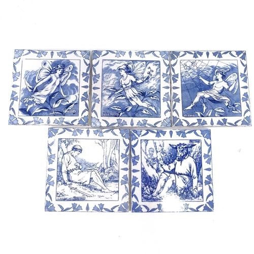 226 - A set of 5 Josiah Wedgwood & Sons blue and white transfer decorated tiles, depicting Midsummer Night... 