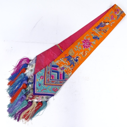 233 - A Chinese gold braid and silk embroidered sash with tassels