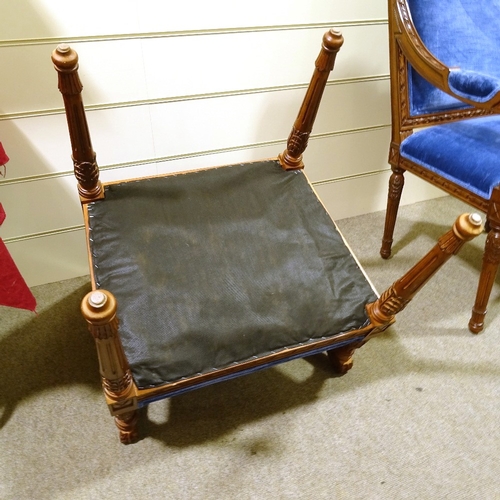 235 - A pair of Continental carved and stained wood framed open-arm chairs, with blue velvet upholstery