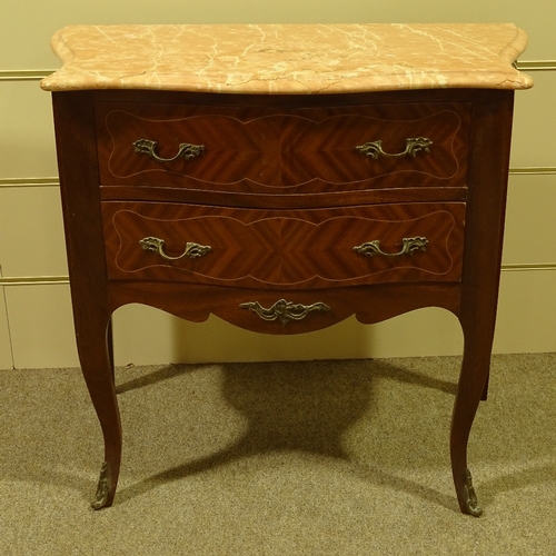 236 - A French walnut serpentine-front chest of 2 drawers, with shaped marble top and cabriole legs, width... 