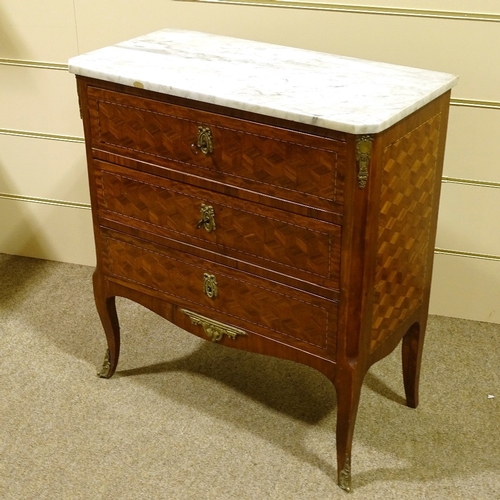 237 - A French kingwood parquetry inlaid chest of 3 drawers of small size, with marble top and cabriole le... 