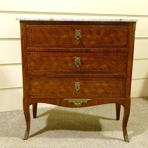 237 - A French kingwood parquetry inlaid chest of 3 drawers of small size, with marble top and cabriole le... 