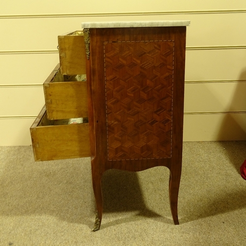 237 - A French kingwood parquetry inlaid chest of 3 drawers of small size, with marble top and cabriole le... 