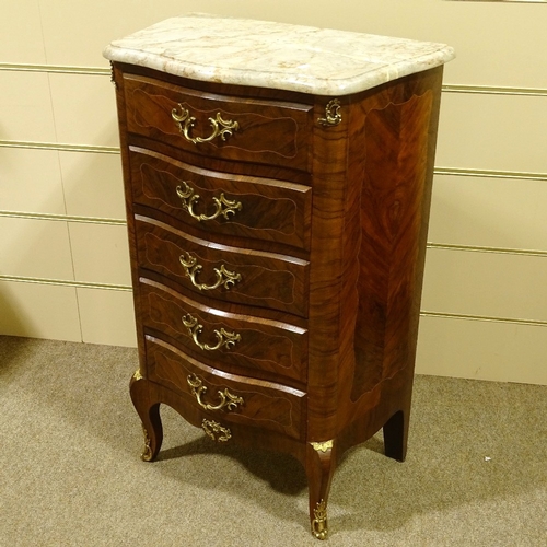 238 - A French kingwood narrow chest of 5 drawers of small size, with shaped marble top, width 61cm, heigh... 