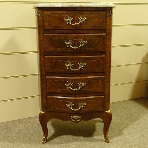 238 - A French kingwood narrow chest of 5 drawers of small size, with shaped marble top, width 61cm, heigh... 