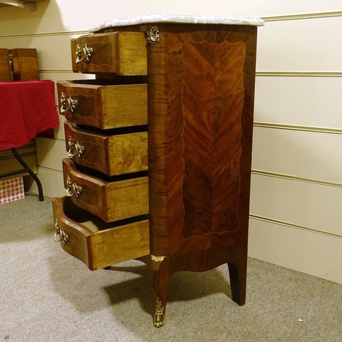 238 - A French kingwood narrow chest of 5 drawers of small size, with shaped marble top, width 61cm, heigh... 