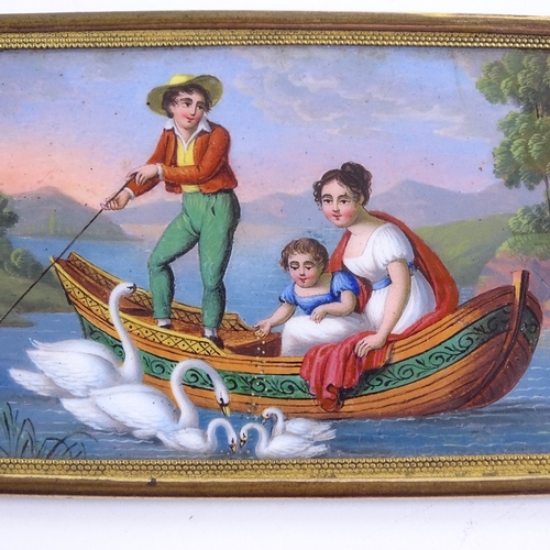 244 - An early 19th century miniature enamel painting, depicting a family feeding swans from a boat, origi... 