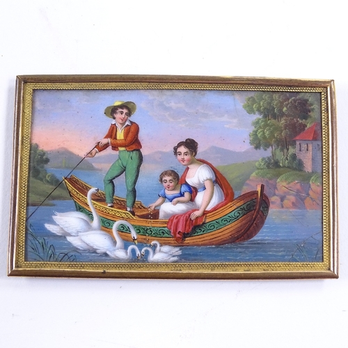 244 - An early 19th century miniature enamel painting, depicting a family feeding swans from a boat, origi... 