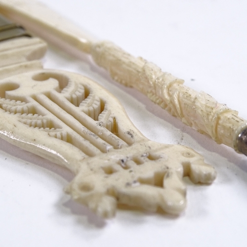 248 - A 19th century carved ivory dip pen with paper knife handle, and a carved and pierced bone stringed ... 