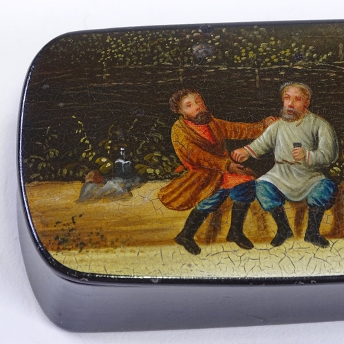 251 - A 19th century Russian papier mache snuffbox, hand painted lid with Imperial seal likutine manufactu... 