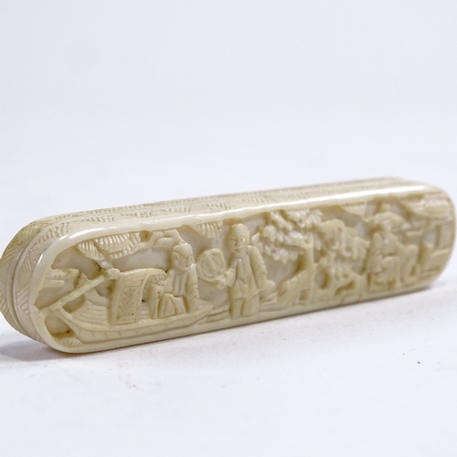 252 - A 19th century Chinese relief carved ivory toothpick case with original velvet lining, length 8cm