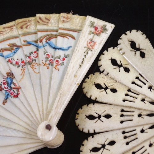 253 - 2 19th century miniature ivory doll's brise fans, one with hand painted flowers, length 5.5cm, the o... 