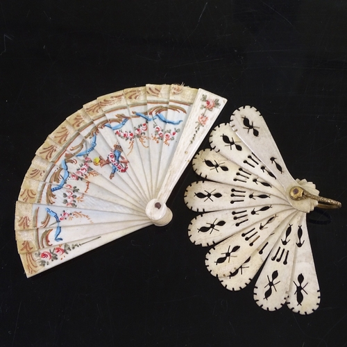 253 - 2 19th century miniature ivory doll's brise fans, one with hand painted flowers, length 5.5cm, the o... 