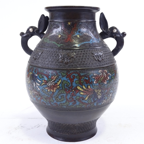 274 - A Chinese bronze and champleve enamel 2-handled vase, with beast design handles, height 27cm