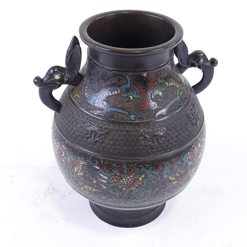 274 - A Chinese bronze and champleve enamel 2-handled vase, with beast design handles, height 27cm