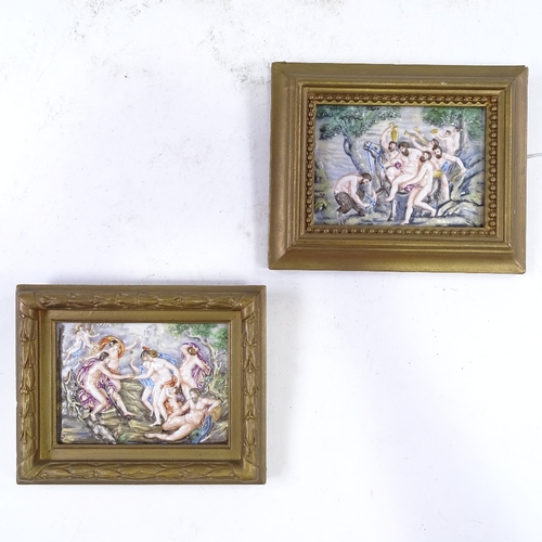 276 - A pair of Capodimonte relief moulded porcelain plaques, depicting Classical scenes, in gilt-gesso fr... 