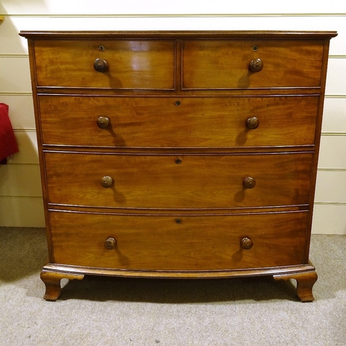 279 - 19th century mahogany bow-front chest of 3 long and 2 short drawers, on ogee bracket feet, width 1.1... 