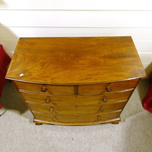 279 - 19th century mahogany bow-front chest of 3 long and 2 short drawers, on ogee bracket feet, width 1.1... 